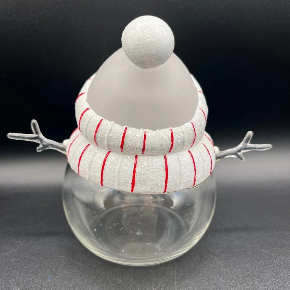 Snowman Glass Candy Jar Frosted Lid White Striped Christmas 5.75
